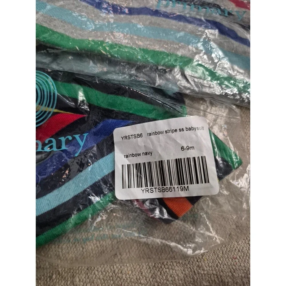 Primary rainbow long sleeve organic bodysuits size 6-9 months